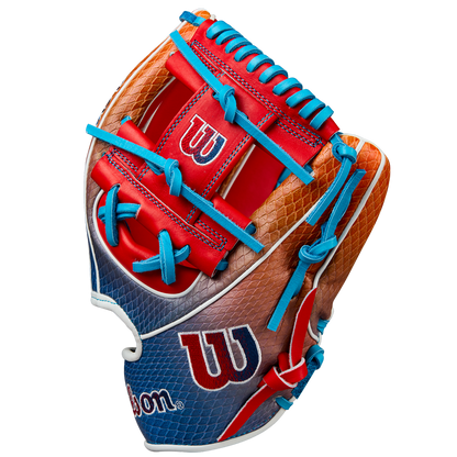 The Wilson A2K 1786SS 11.5" Baseball Glove (Summer 2025: WBW103290115) features a red, blue, orange, and brown design with blue laces, SuperSnakeSkin texture, and visible Wilson logos in red and white on the palm and wrist.