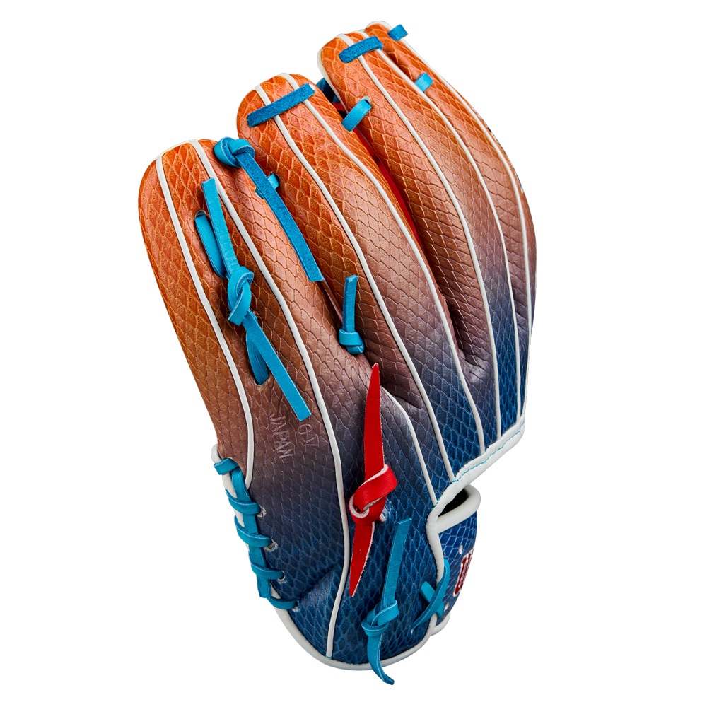 The Wilson A2K 1786SS 11.5" Baseball Glove (WBW103290115) features an orange and brown SuperSnakeSkin surface, blue laces, white trim, and a red accent, shown on a plain white background.