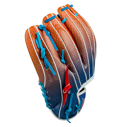 The Wilson A2K 1786SS 11.5" Baseball Glove (WBW103290115) features an orange and brown SuperSnakeSkin surface, blue laces, white trim, and a red accent, shown on a plain white background.