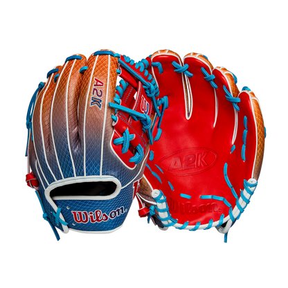 Two Wilson A2K 1786SS 11.5" Baseball Gloves (Summer 2025: WBW103290115) are shown, one palm-up and one back-up, with bold red, orange, and blue colors, blue laces, white accents, and SuperSnakeSkin. Brand: Wilson.