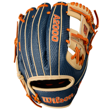 The Wilson A2000 JA27 11.5" Jose Altuve GM Baseball Glove (WBW103295115) features blue and tan Pro Stock leather, orange lacing, bold accents, and "Wilson" embroidery—just like Altuve’s game model. Summer 2025 release.