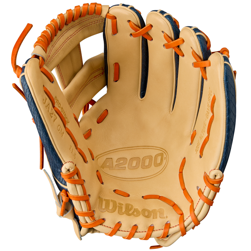 The Wilson A2000 JA27 11.5" Jose Altuve GM Baseball Glove (WBW103295115), shown palm up, displays the brand name and model, featuring a tan and navy blue design with orange laces for Summer 2025.