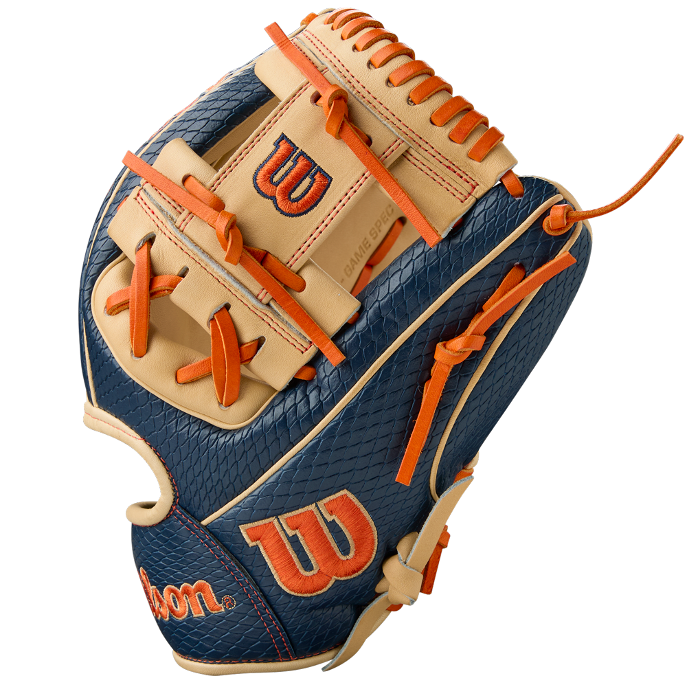 The Wilson A2000 JA27 11.5" Jose Altuve GM Baseball Glove (WBW103295115) features a blue and tan design with orange laces, Pro Stock leather, and the Wilson W logo in orange outlined in tan on the back.