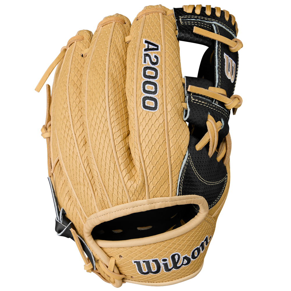 The Wilson A2000 KBH13 11.75" Ke'Bryan Hayes GM Baseball Glove (WBW1032961175) features tan and black leather, visible stitching, white "Wilson" embroidery on the wrist strap, and is designed for infield play.