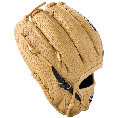 A tan Wilson A2000 KBH13 11.75" Ke'Bryan Hayes GM Baseball Glove (Summer 2025) with textured leather, black accent strap, and visible laces is shown at an angle on a white background. Ideal for infielders.