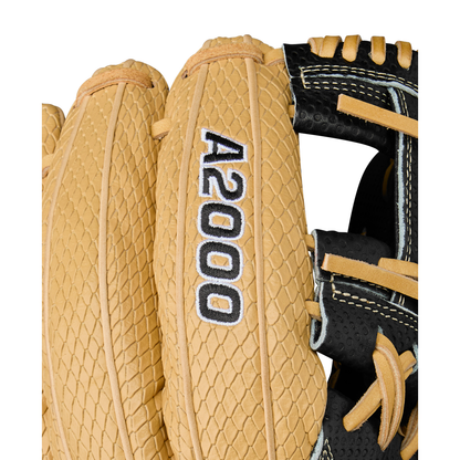 Close-up of a Wilson A2000 KBH13 11.75" Ke'Bryan Hayes GM Baseball Glove (WBW1032961175), featuring tan and black textured leather, black laces, and white embroidered A2000 branding on the back. Summer 2025 edition.
