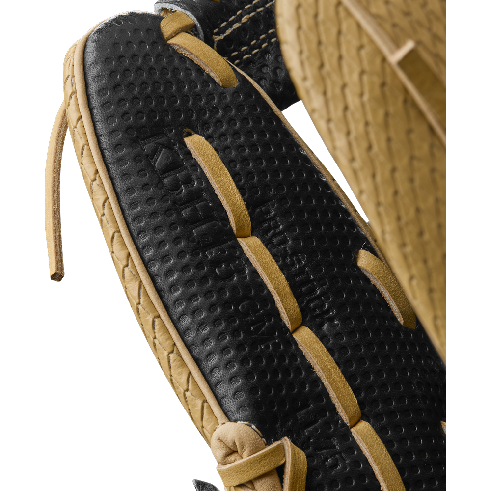 Close-up of the Wilson A2000 KBH13 11.75" Ke'Bryan Hayes GM Baseball Glove (Summer 2025, WBW1032961175), highlighting its detailed black and tan leather, textured patterns, and tan laces threading through the black section.