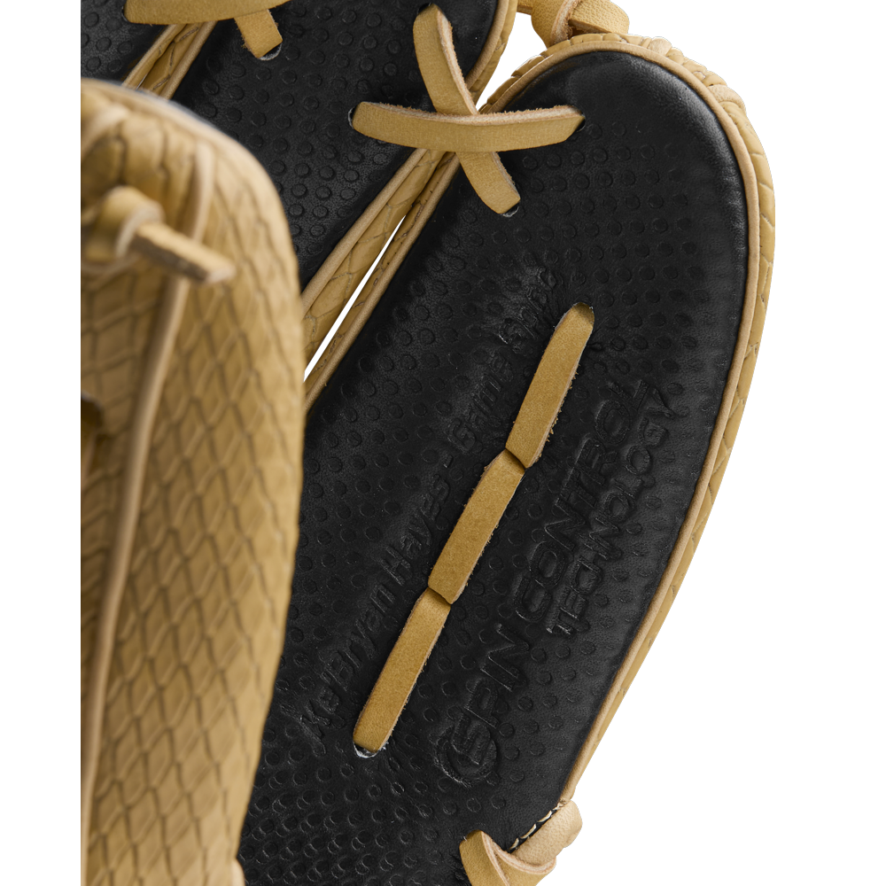 Close-up of the Wilson A2000 KBH13 11.75" Ke'Bryan Hayes GM Baseball Glove, Summer 2025 edition, showcasing tan and black textured leather, detailed stitching, and embossed text on the black inner palm area.