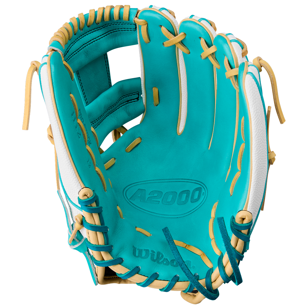 The Wilson A2000 H12SS 12" Fastpitch Glove (Summer 2025: WBW10329812) features a turquoise design with tan laces, white accents, and durable Pro Stock leather, shown from the front with visible palm and infield finger stalls.