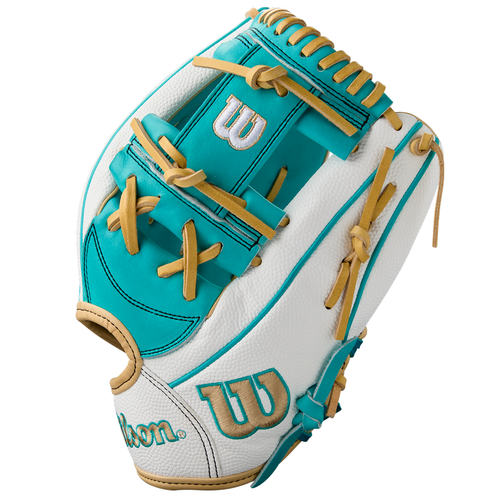 The Wilson A2000 H12SS 12" Fastpitch Glove (Summer 2025: WBW10329812) features teal, white, and tan Pro Stock leather with visible stitching and laces, plus the Wilson logo on the thumb and backhand, shown on a white background.