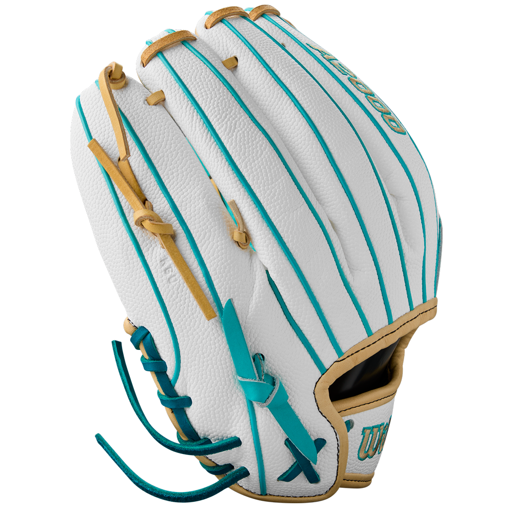 The Wilson A2000 H12SS 12" Fastpitch Glove (WBW10329812) features a white design with teal pinstripes, tan and teal laces, teal edge accents, and is made from premium Pro Stock leather for superior durability and feel.