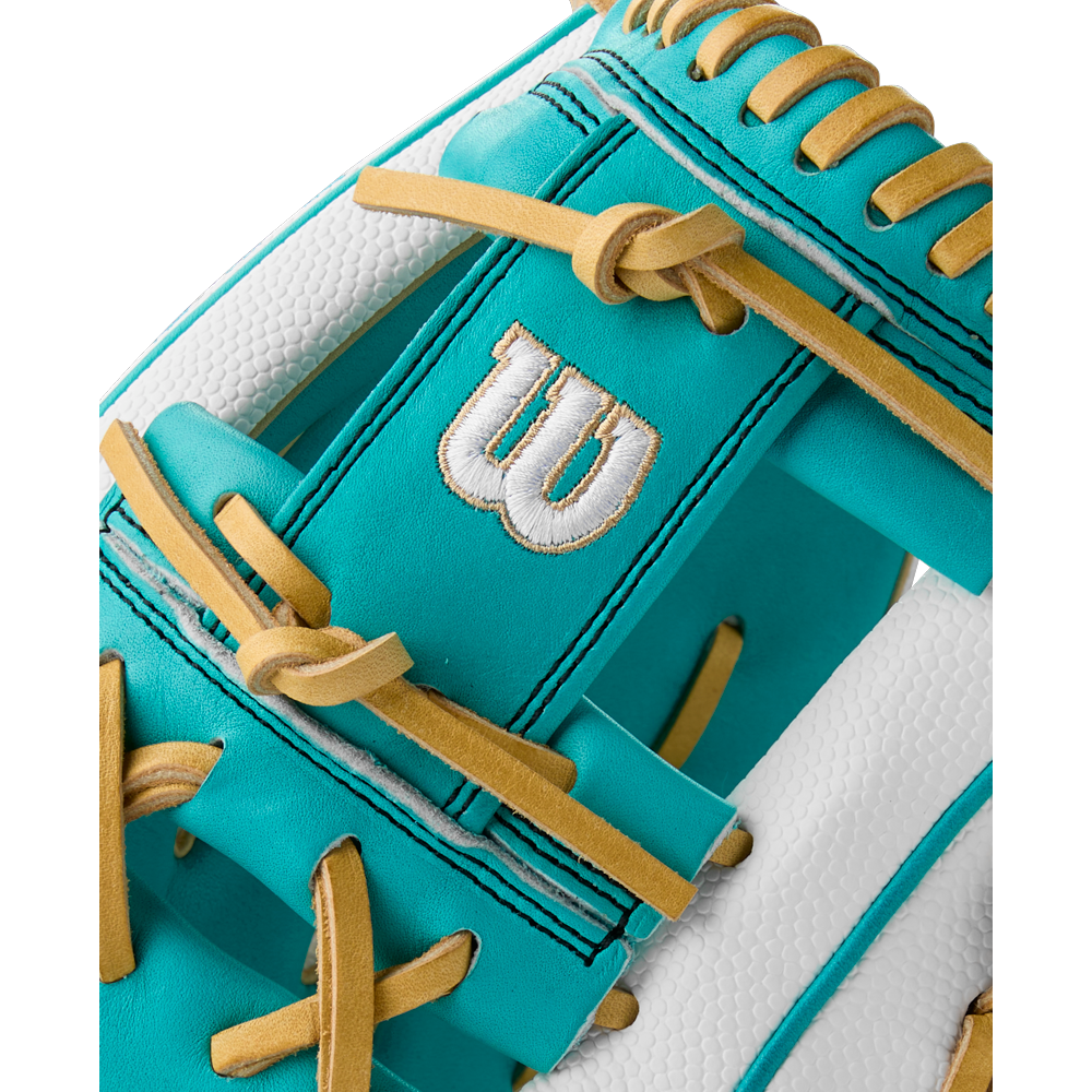 Close-up of a Wilson A2000 H12SS 12" Fastpitch Glove (Summer 2025, WBW10329812) in teal and white leather with tan laces, gold stitching, and a white W logo on a teal background.