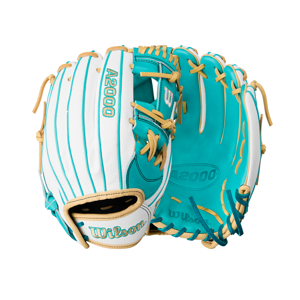 A pair of Wilson A2000 H12SS 12" Fastpitch Gloves (WBW10329812) in white with teal and tan details, crafted from Pro Stock leather, are shown displaying both the palm and back to highlight Wilson’s premium construction.