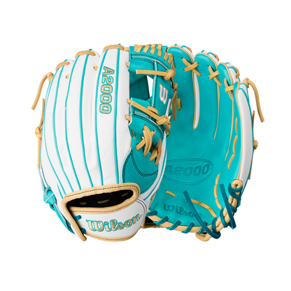 A pair of Wilson A2000 H12SS 12" Fastpitch Gloves (WBW10329812) in white with teal and tan details, crafted from Pro Stock leather, are shown displaying both the palm and back to highlight Wilson’s premium construction.