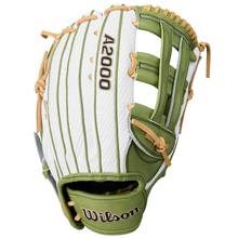 The Wilson A2000 FP50SS 12.25" Fastpitch Glove (WBW1033001225) features green, white, and tan Pro Stock leather, an open Dual Post Web, leather laces, and A2000 embroidery. Summer 2025 release.