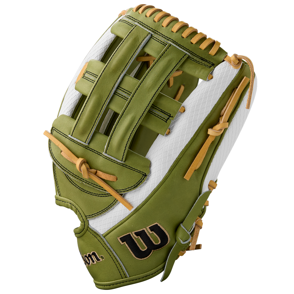 The Wilson A2000 FP50SS 12.25" Fastpitch Glove features a green and white design, tan laces, black W logo, Dual Post Web, and Pro Stock leather. Shown against a white background. Summer 2025 model: WBW1033001225.