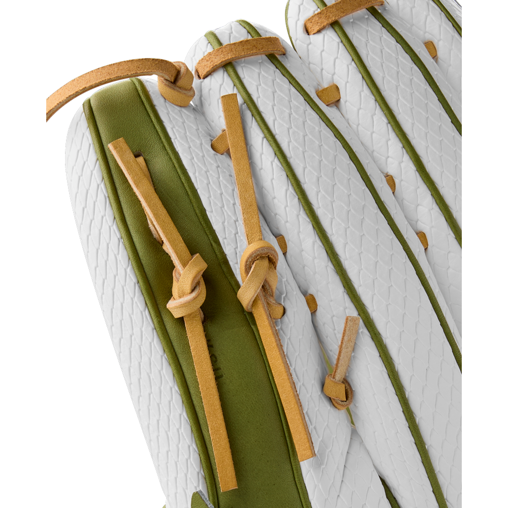 A close-up of the Wilson A2000 FP50SS 12.25" Fastpitch Glove, Summer 2025 edition, showcasing its Pro Stock leather and sturdy Dual Post Web.