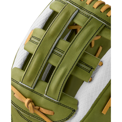 Close-up of the Wilson A2000 FP50SS 12.25" Fastpitch Glove (Summer 2025), featuring a green and white design, Pro Stock leather, tan laces, visible stitching, and a Dual Post Web.