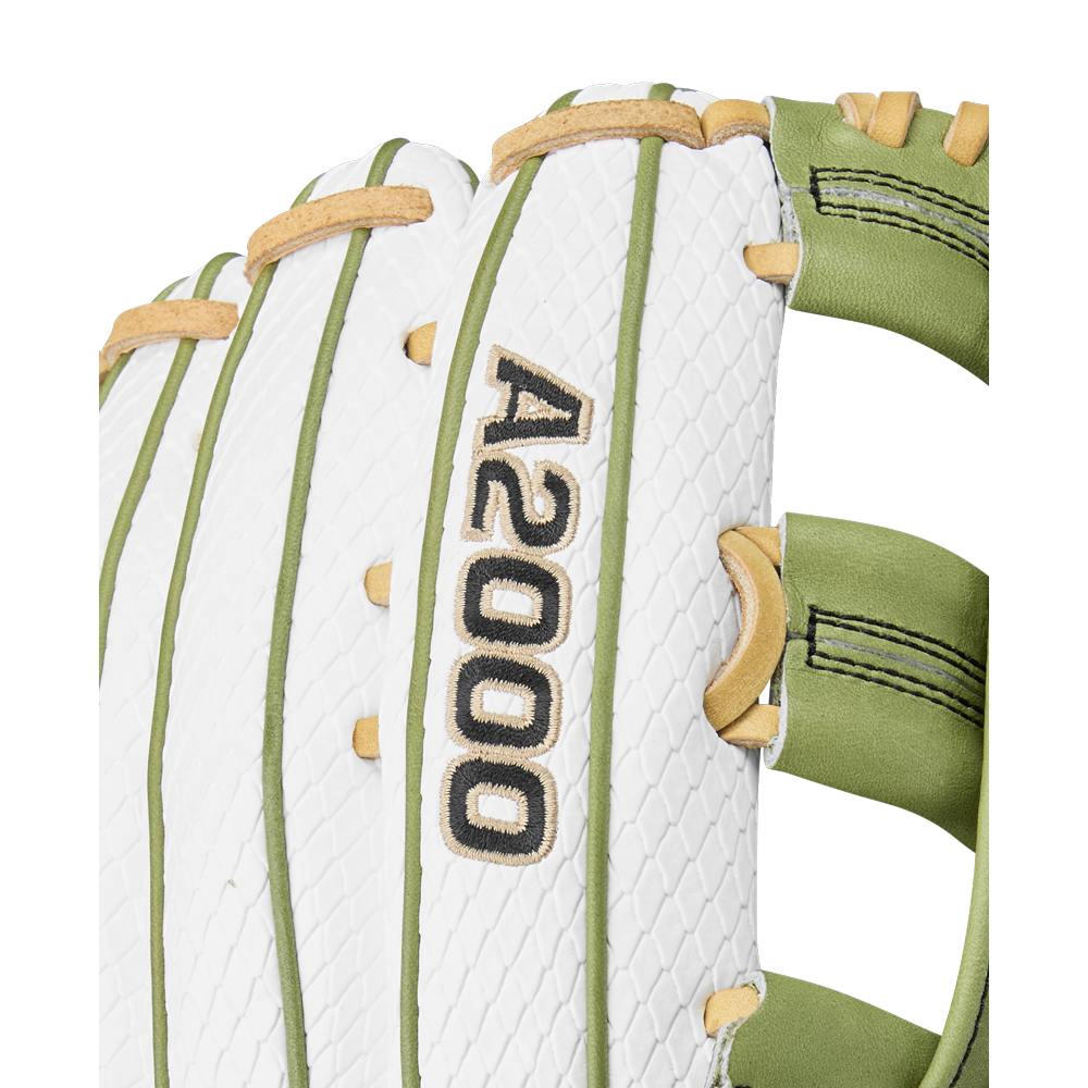 Close-up of Wilson A2000 FP50SS 12.25" Fastpitch Glove (WBW1033001225), white Pro Stock leather with light green and tan accents, Dual Post Web, and "A2000" embroidered in black and gold.