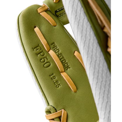 Close-up of the Wilson A2000 FP50SS 12.25" Fastpitch Glove with beige laces, made from Pro Stock leather and featuring "PRO STOCK," "IFP50," and "12.25" embossed on the palm. Model: WBW1033001225. Summer 2025 release.