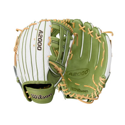 A pair of Wilson A2000 FP50SS 12.25" fastpitch gloves (Summer 2025, WBW1033001225) in white/light green with tan laces, Pro Stock leather, and Dual Post Web, shown from front and back.