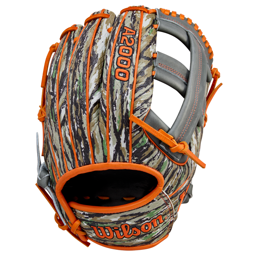 The Wilson A2000 GH2 11.75" Gunnar Henderson GM Baseball Glove (WBW1034511175) features a camouflage pattern with orange trim, gray laces, and the Wilson brand name stitched in orange on the wrist.