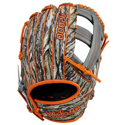 The Wilson A2000 GH2 11.75" Gunnar Henderson GM Baseball Glove (WBW1034511175) features a camouflage pattern with orange trim, gray laces, and the Wilson brand name stitched in orange on the wrist.