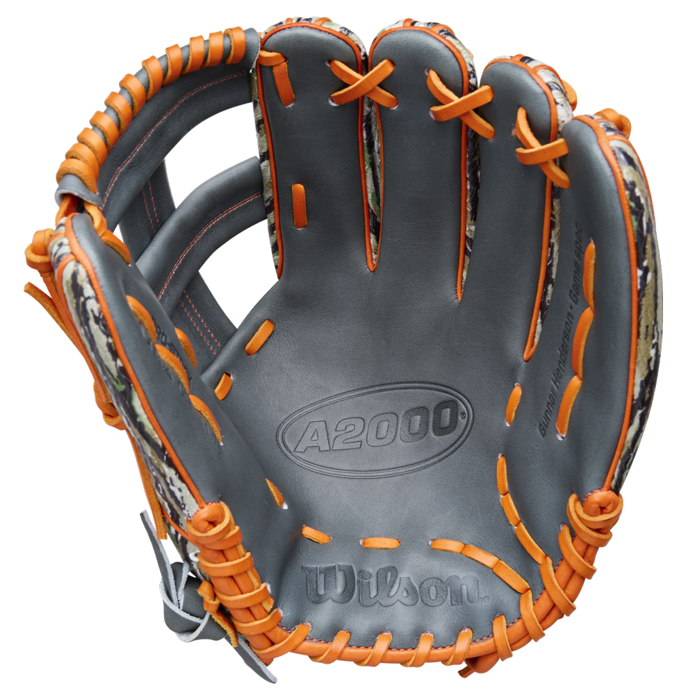 The Wilson A2000 GH2 11.75" Gunnar Henderson GM Baseball Glove (WBW1034511175) by Wilson features a gray design with orange lacing and stitching, plus camouflage pattern accents on the sides, shown open with palm facing up.