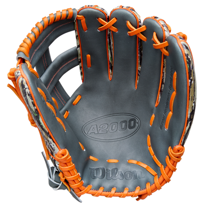 The Wilson A2000 GH2 11.75" Gunnar Henderson GM Baseball Glove (WBW1034511175) by Wilson features a gray design with orange lacing and stitching, plus camouflage pattern accents on the sides, shown open with palm facing up.