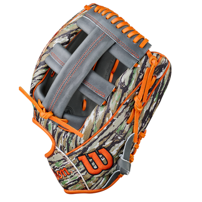 The Wilson A2000 GH2 11.75" Gunnar Henderson GM Baseball Glove (WBW1034511175) features a camouflage design, gray webbing, bright orange laces, plus an orange W logo and Wilson branding on the lower part of this infield glove.