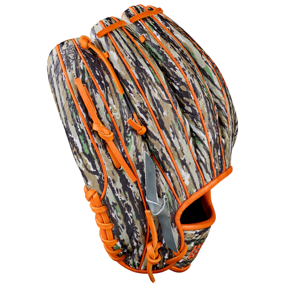 The Wilson A2000 GH2 11.75" Gunnar Henderson GM Baseball Glove (WBW1034511175) features a brown, green, and black camouflage pattern with bright orange laces and trim, shown against a white background.