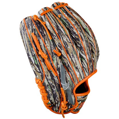 The Wilson A2000 GH2 11.75" Gunnar Henderson GM Baseball Glove (WBW1034511175) features a brown, green, and black camouflage pattern with bright orange laces and trim, shown against a white background.