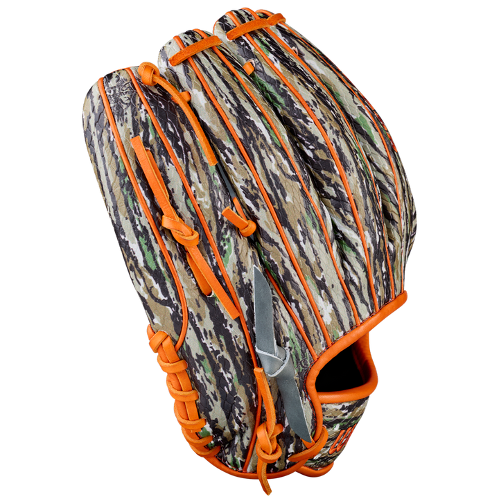 The Wilson A2000 GH2 11.75" Gunnar Henderson GM Baseball Glove (WBW1034511175) features a brown, green, and black camouflage pattern with bright orange laces and trim, shown against a white background.