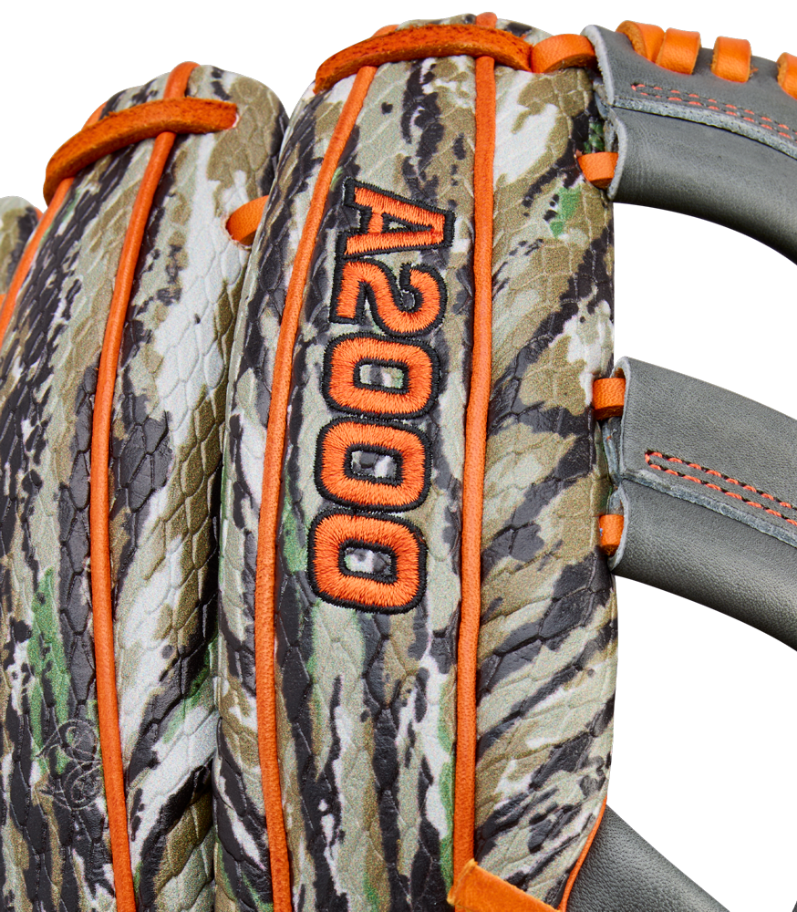 Close-up of the Wilson A2000 GH2 11.75" Gunnar Henderson GM Baseball Glove (WBW1034511175), featuring a camouflage pattern, orange stitching and trim, gray straps, and the A2000 GH2 GM marking embroidered in orange.