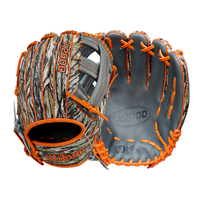 Two gray Wilson A2000 GH2 11.75" Gunnar Henderson GM baseball gloves with orange laces and a camouflage pattern are shown side by side, displaying both the front and back on a plain white background.