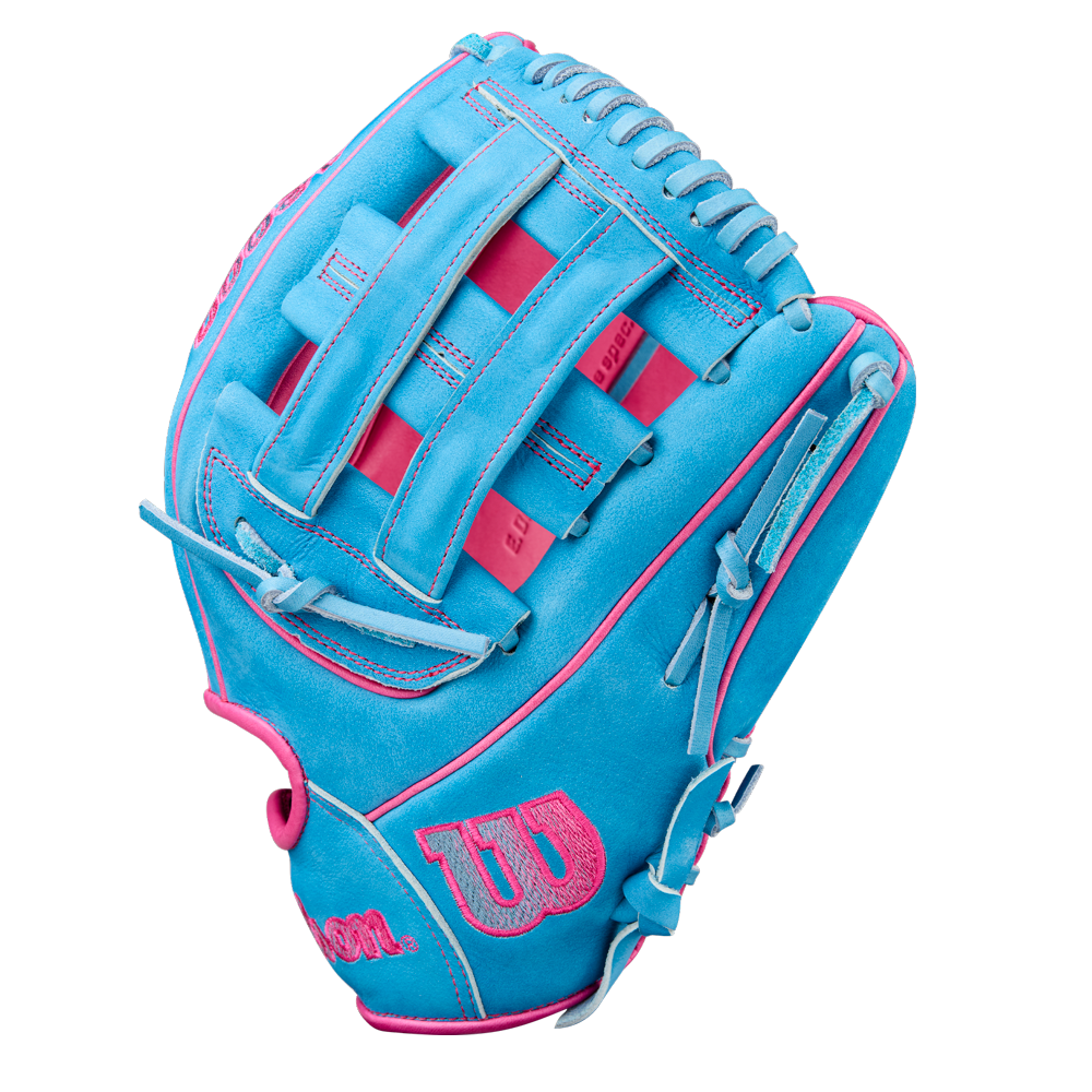 The Wilson A2000 EDLC44 12" Elly De La Cruz Gameday Baseball Glove (WBW10345212) features a woven web, bright blue and pink design with pink accents and the Wilson logo, releasing Fall 2025.