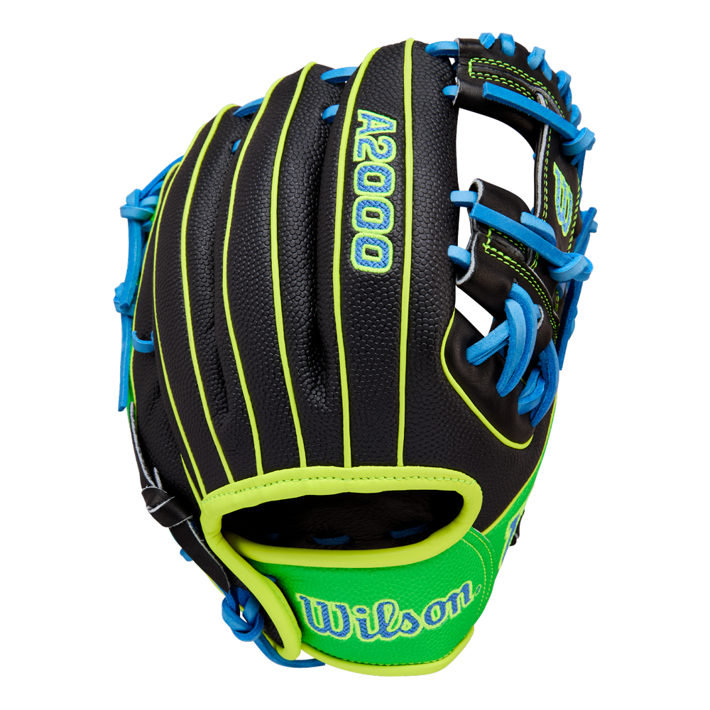 The Wilson A2000 PF88SS 11.25" Baseball Glove (FALL 2025: WBW1034621125) features black Pro Stock leather with neon green accents, blue laces, detailed stitching, and displays the Wilson logo.