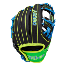The Wilson A2000 PF88SS 11.25" Baseball Glove (FALL 2025: WBW1034621125) features black Pro Stock leather with neon green accents, blue laces, detailed stitching, and displays the Wilson logo.