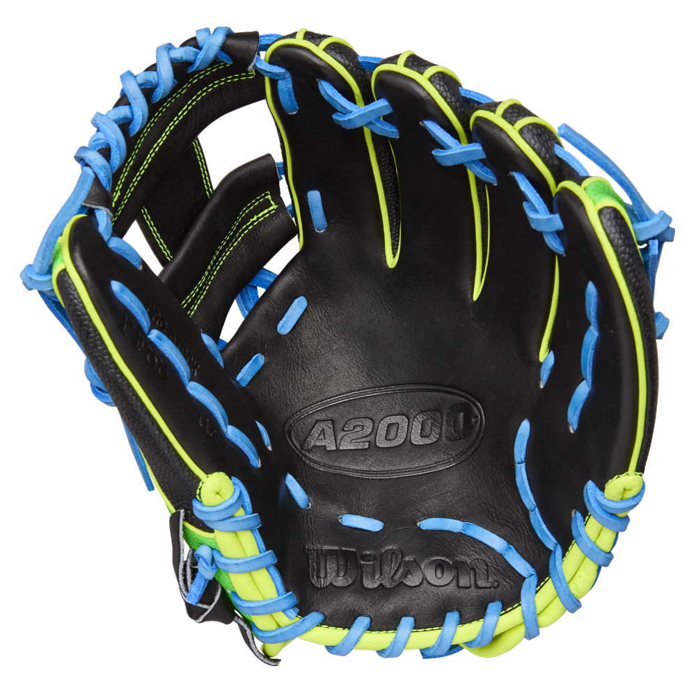 The Wilson A2000 PF88SS 11.25" Baseball Glove features black and blue Pro Stock leather for lasting durability.