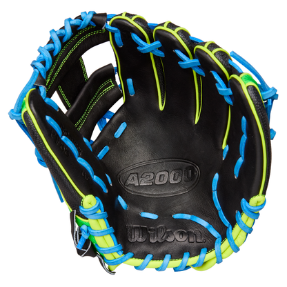 The Wilson A2000 PF88SS 11.25" Baseball Glove features black and blue Pro Stock leather for lasting durability.