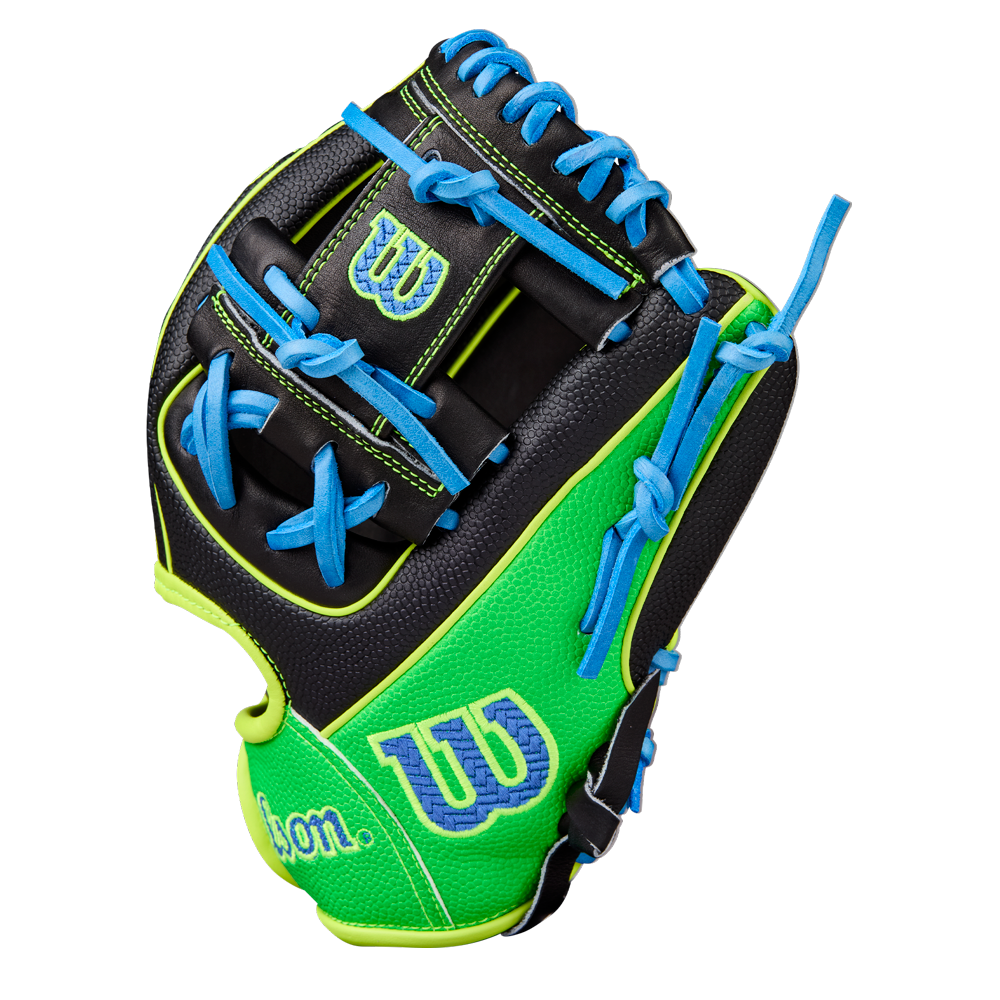 The Wilson A2000 PF88SS 11.25" Baseball Glove (WBW1034621125) features Pro Stock leather, bright green, black, and blue colors with blue laces and the Wilson logo in blue and green stitching.