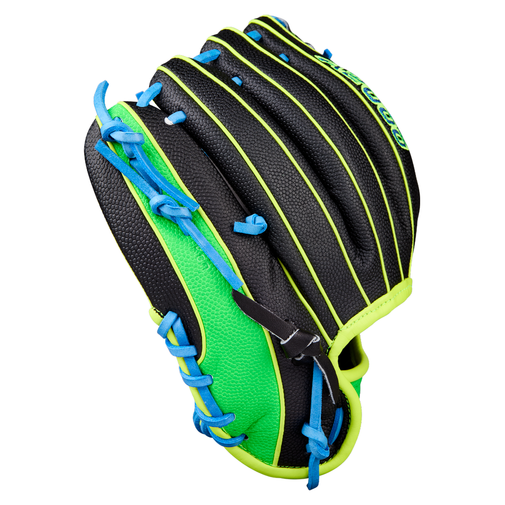 The Wilson A2000 PF88SS 11.25" Baseball Glove (WBW1034621125) features black and neon green Pro Stock leather, blue laces, and yellow-green piping, shown against a white background.