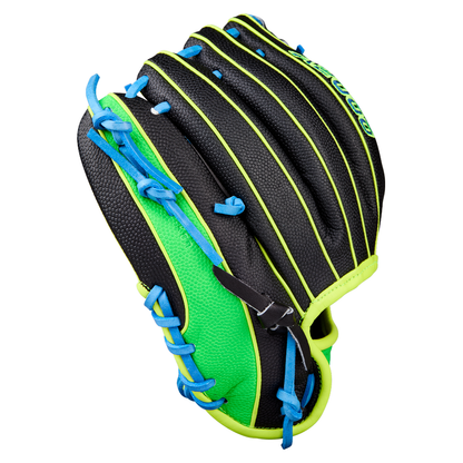The Wilson A2000 PF88SS 11.25" Baseball Glove (WBW1034621125) features black and neon green Pro Stock leather, blue laces, and yellow-green piping, shown against a white background.