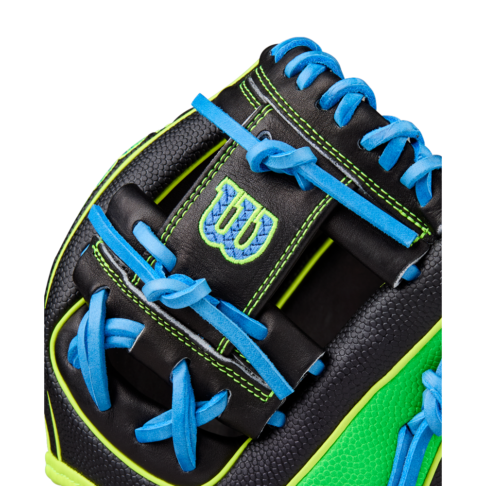 Close-up of the Wilson A2000 PF88SS 11.25" infield glove with black Pro Stock leather, bright blue laces, neon green stitching, a textured green section, and an embroidered W logo in blue and green on a black panel.