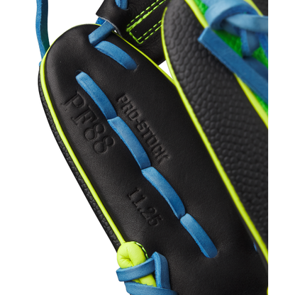 Close-up of a Wilson A2000 PF88SS 11.25" infield glove with black Pro Stock leather, blue laces, neon yellow-green accents, and Pedroia Fit; PRO-STOCK, PF88, 11.25 are embossed on the leather.