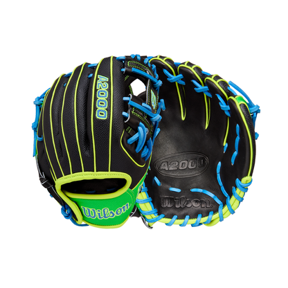 The Wilson A2000 PF88SS 11.25" Baseball Glove (FALL 2025: WBW1034621125) features a black design with bright blue laces, neon yellow accents, green Wilson branding, and durable Pro Stock leather, shown in front and back views.