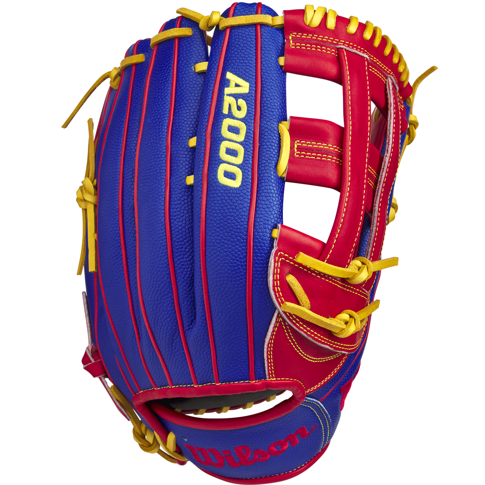 The Wilson A2000 1799SS 12.75" Pete Crow-Armstrong GM Baseball Glove, GOTM January 2025, features red and blue stitching and is inspired by the iconic A2000 1799SS design.