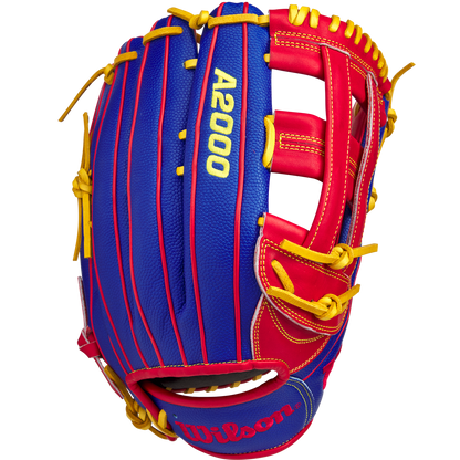 The Wilson A2000 1799SS 12.75" Pete Crow-Armstrong GM Baseball Glove, GOTM January 2025, features red and blue stitching and is inspired by the iconic A2000 1799SS design.