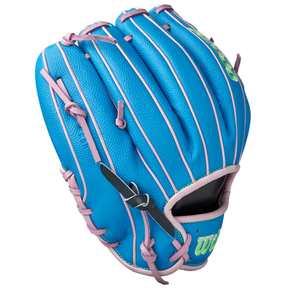 The Wilson A2000 1786SS 11.5" Baseball Glove (GOTM March 2025, WBW103479115) features blue Pro Stock leather with pink laces/trim, a black strap, green thumb lettering, and is displayed on a plain white background.