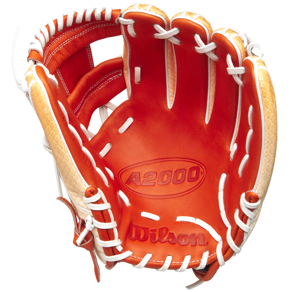 The Wilson A2000 1975SS 11.75" Baseball Glove (GOTM June 2025, WBW1034811175) by Wilson features tan and light brown Pro Stock leather with white lacing and A2000 and Wilson stamps shown on the inner palm, displayed on a white background.